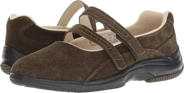 Brown suede Mary Jane shoes with velcro straps.