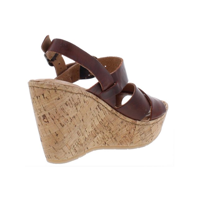 Brown leather wedge sandal with cork platform heel.