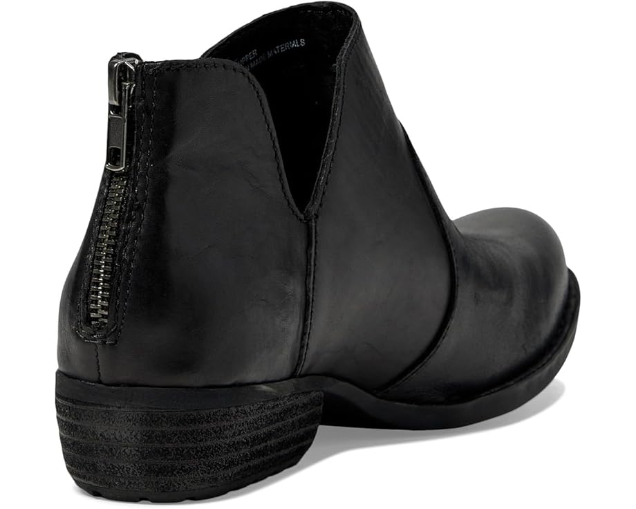 Black leather ankle boot with a zipper at the back and a low heel.