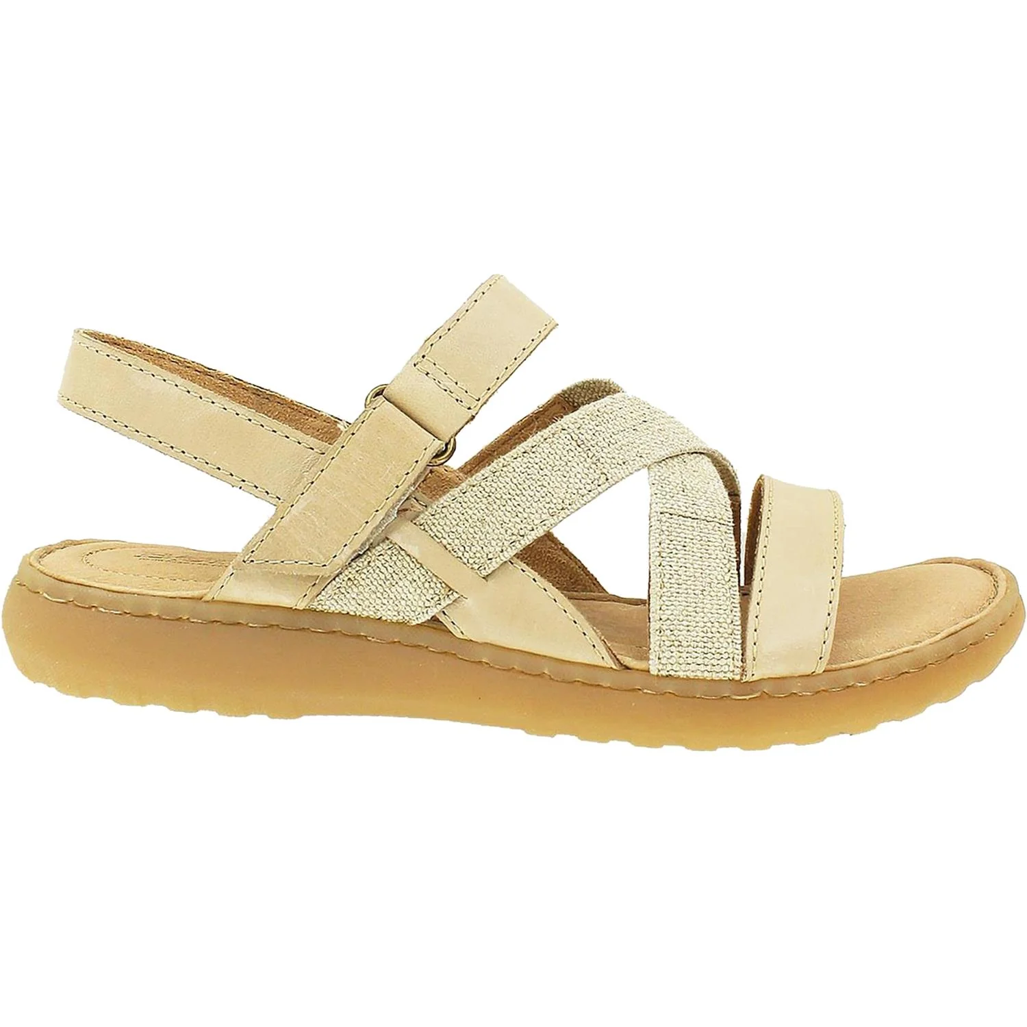 Beige casual sandal with cross straps and a rubber sole.
