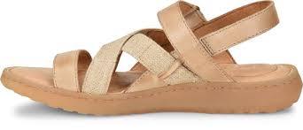 Beige open-toe sandal with adjustable straps and cushioned sole.