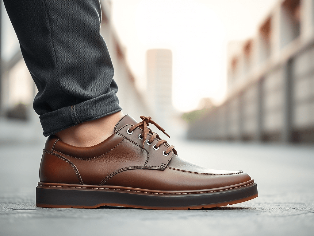 Brown leather shoe on urban sidewalk.