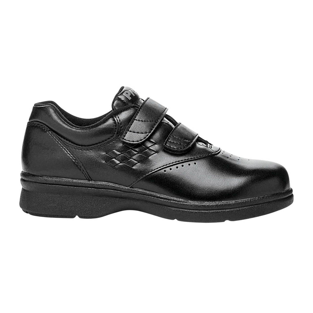 Black leather shoe with dual velcro straps.