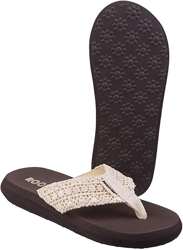 A single brown flip-flop with a woven beige strap.